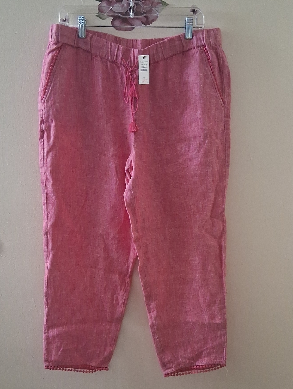 Talbots Pink Linen Cropped Pants Size 10 Crochet Trim Beach Coastal NEW